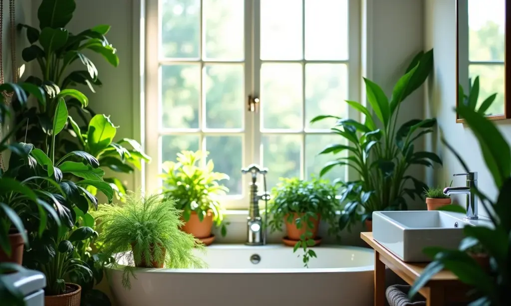 Plantas no banheiro: 10 Espécies que sobrevivem Banheiro iluminado com diversas plantas verdes prosperando na umidade.