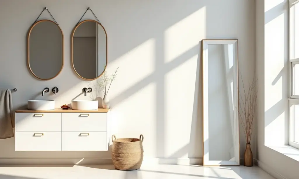 Banheiro iluminado com diversos espelhos decorativos e de corpo inteiro.