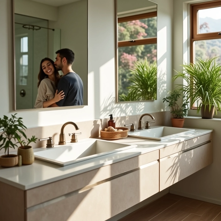 Banheiro iluminado com duas cubas modernas, espelho refletindo um casal sorrindo.