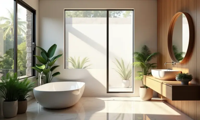 Banheiro iluminado com espelho orgânico e design brasileiro moderno.