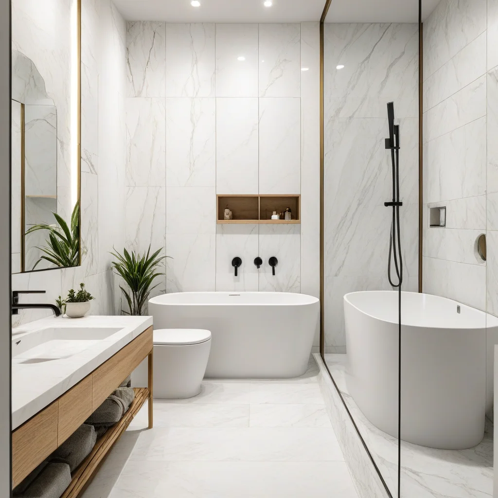 Banheiro iluminado com porcelanato Carrara, pia moderna e decoração minimalista.