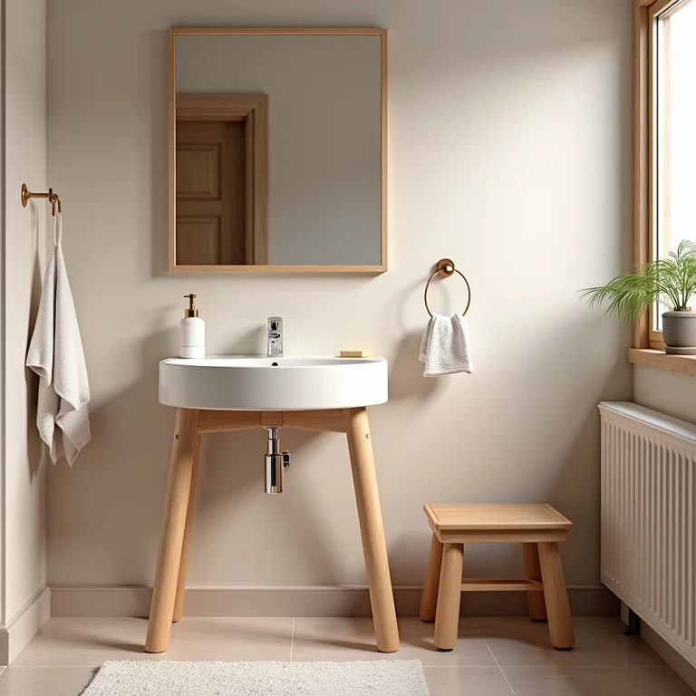 Banheiro infantil com banquinho para alcançar a pia e toalheiro baixo.