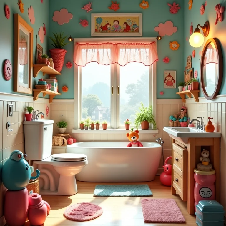 Banheiro infantil com excesso de personagens e temas infantis