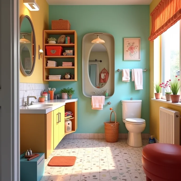 Banheiro infantil com excesso de temas e cores fortes, criando um ambiente confuso.