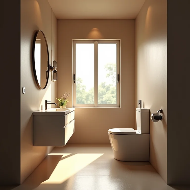 Banheiro infantil com iluminação inadequada, criando um ambiente escuro