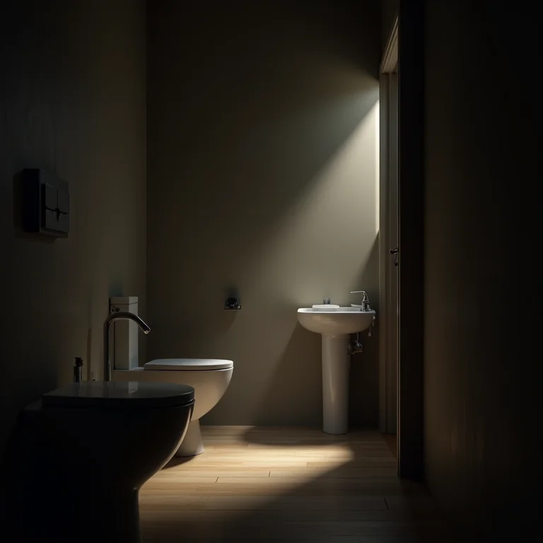 Banheiro infantil com iluminação inadequada, criando um ambiente sombrio e pouco convidativo.