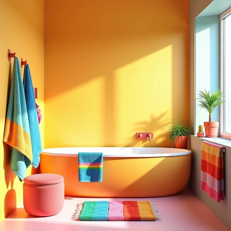 Banheiro infantil com paredes em cores vibrantes e toalhas coloridas.