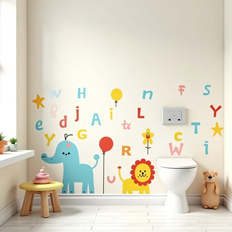 Banheiro infantil decorado com adesivos de animais e letras do alfabeto.