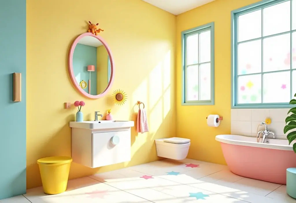 Banheiro infantil decorado com tema lúdico e cores vibrantes, ideal para crianças.