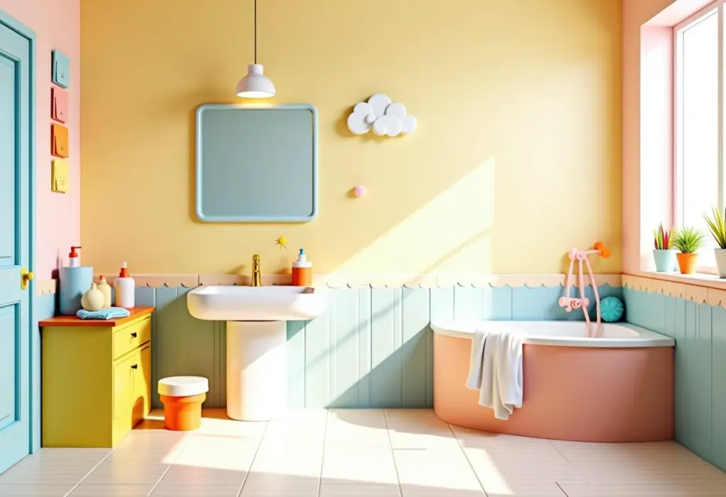 Banheiro infantil decorado com tema lúdico e cores vibrantes.