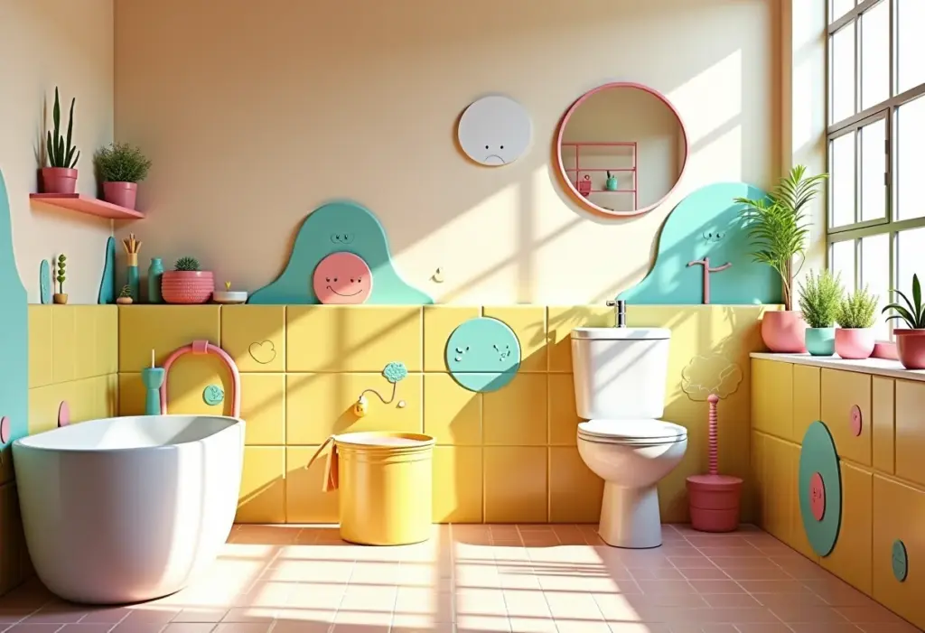 Banheiro infantil lúdico com decoração colorida e elementos divertidos