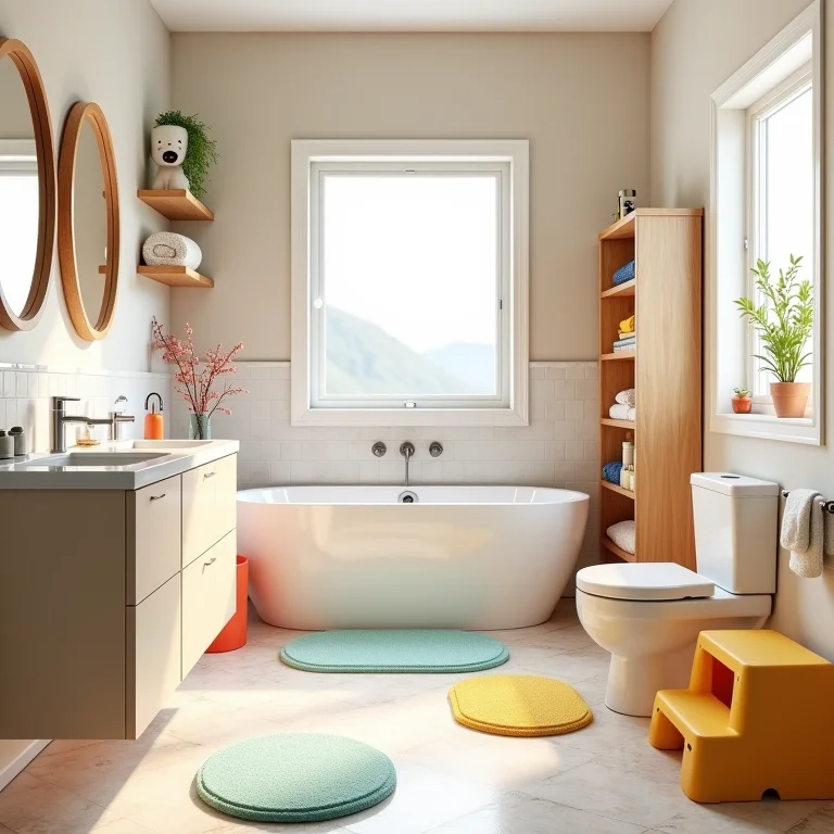 Banheiro infantil perfeito com tapetes antiderrapantes, banquinho e soluções de armazenamento divertidas