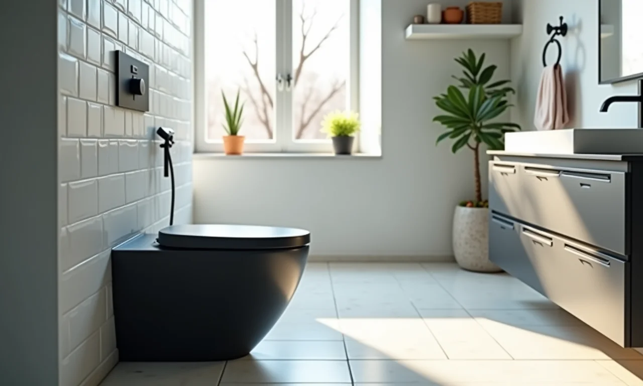 Banheiro limpo com vaso sanitário preto e superfícies impecáveis.