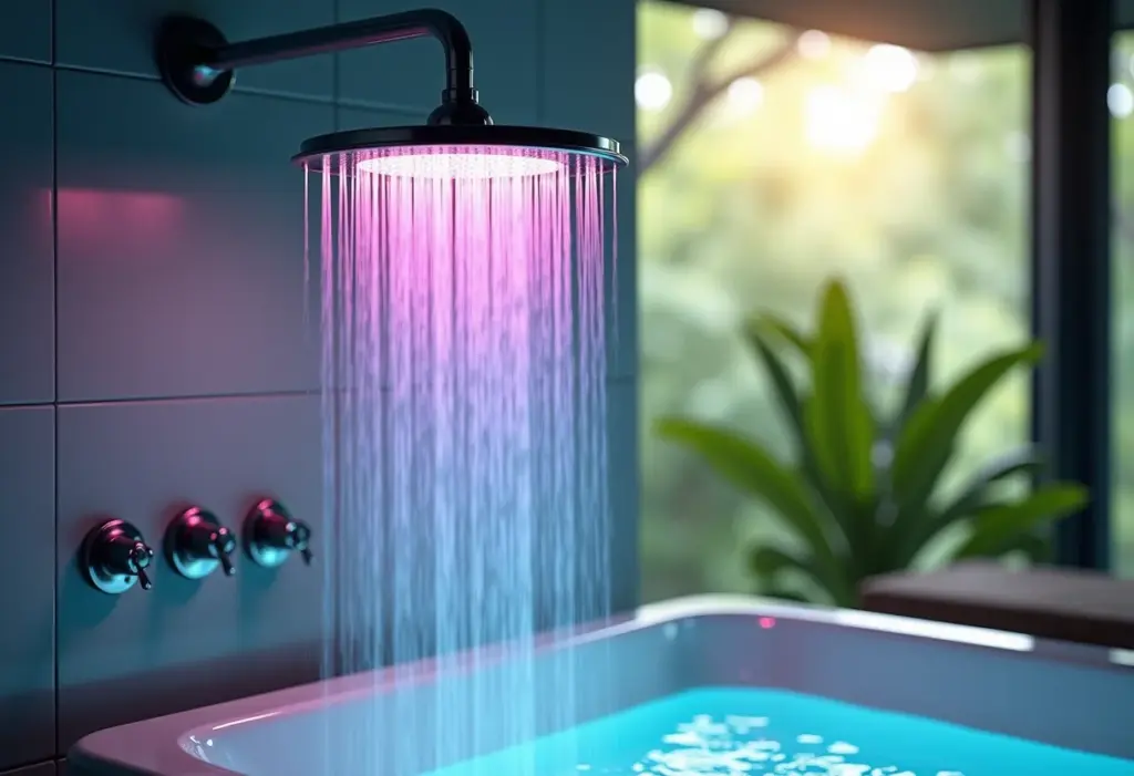 Chuveiro com LED: a solução (barata) para um banho relaxante Banheiro luxuoso com chuveiro de LED criando efeito de arco-íris na água.