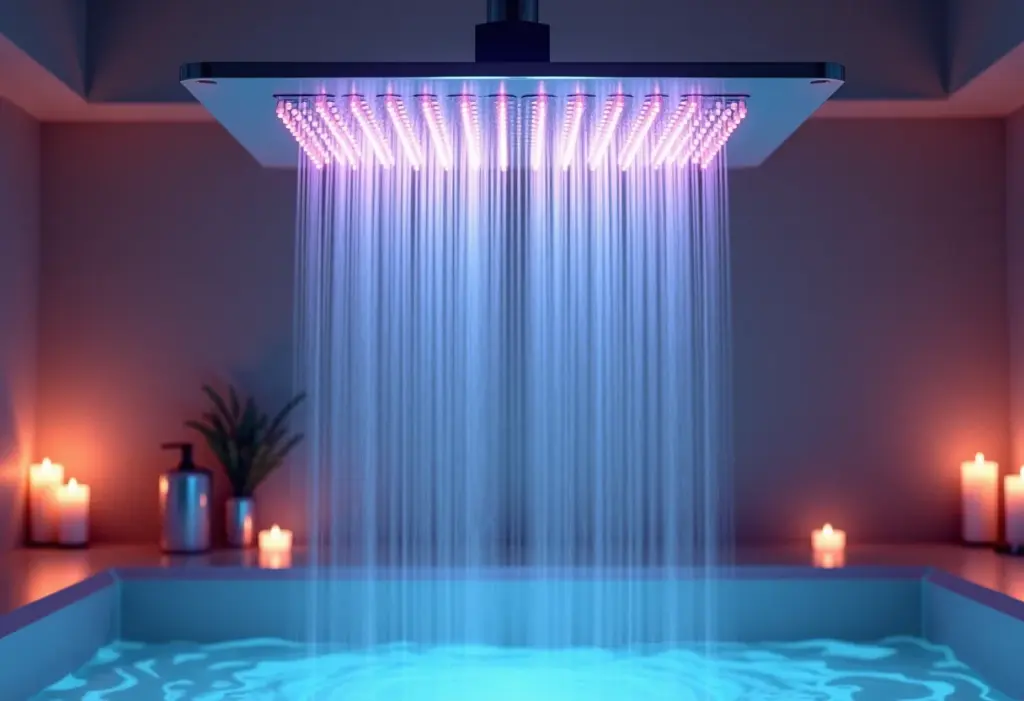 Chuveiro com LED: a transformação do seu banheiro que você precisa ver Banheiro luxuoso com chuveiro LED criando ambiente de spa