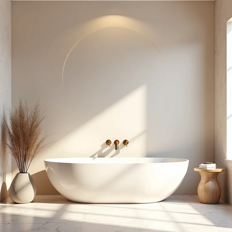 Banheiro luxuoso com design de papel de parede 3D sereno.