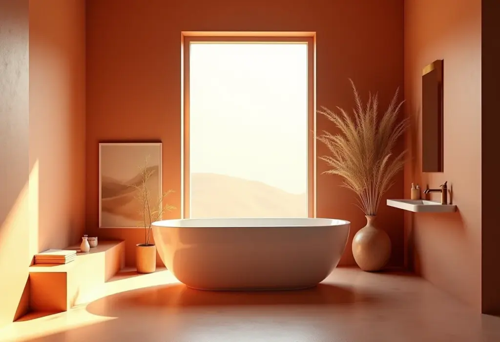 Banheiro cor terracota: fuja desses erros de iluminação! Banheiro luxuoso com paredes cor de terracota e banheira moderna