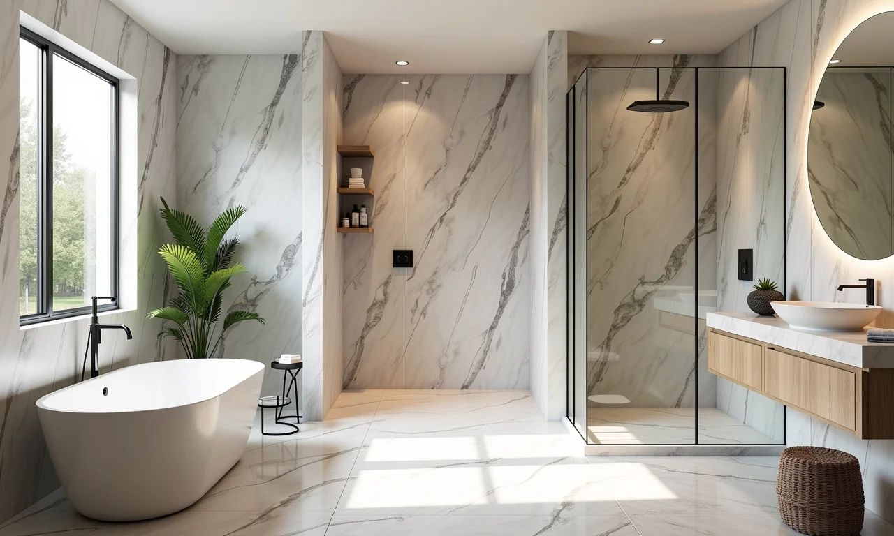 Banheiro luxuoso com paredes de porcelanato Calacatta: um spa em casa.