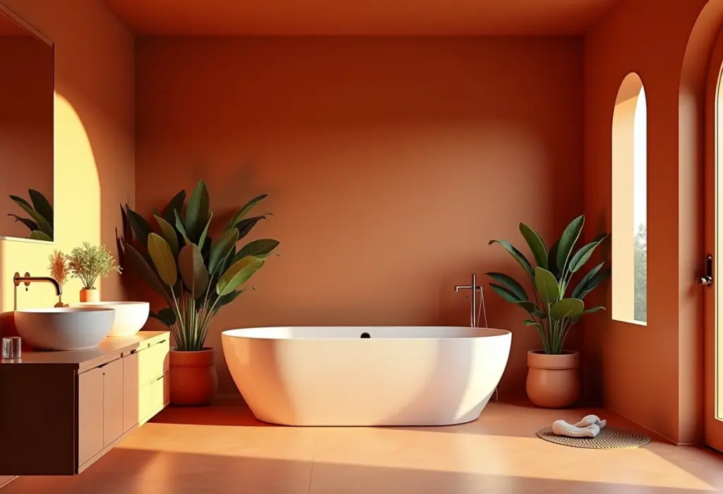 Banheiro cor terracota: 5 erros que você PRECISA evitar Banheiro luxuoso com paredes de terracota e iluminação suave