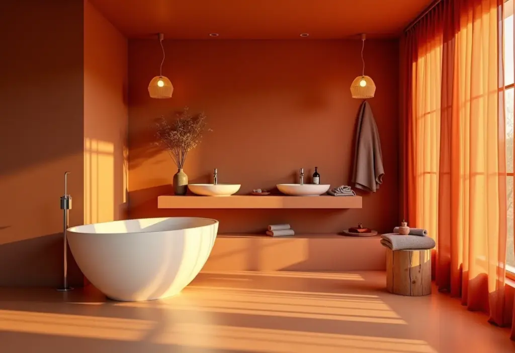 Banheiro luxuoso com paredes em terracota e iluminação aconchegante