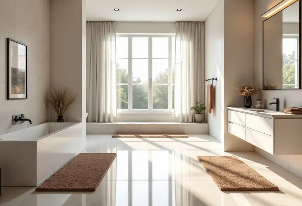 Banheiro luxuoso com tapetes de diferentes estilos