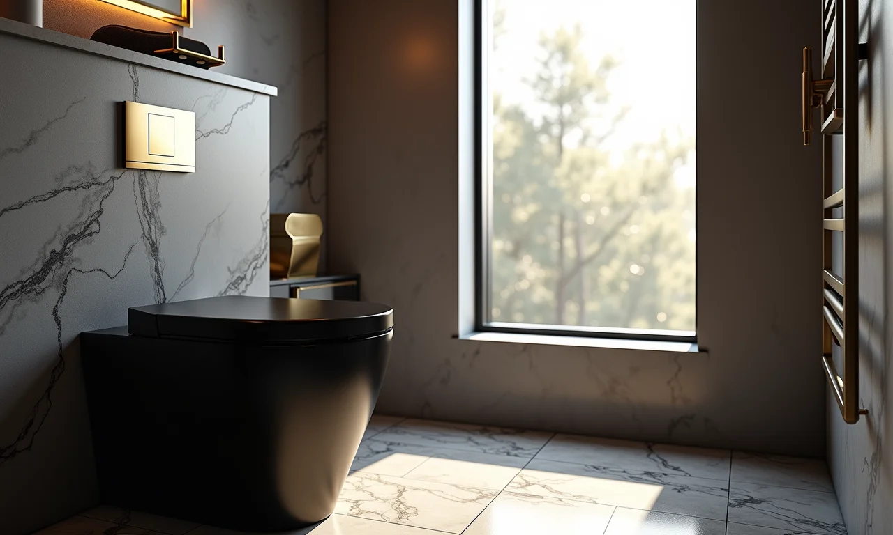 Banheiro luxuoso com vaso sanitário preto e detalhes em mármore.