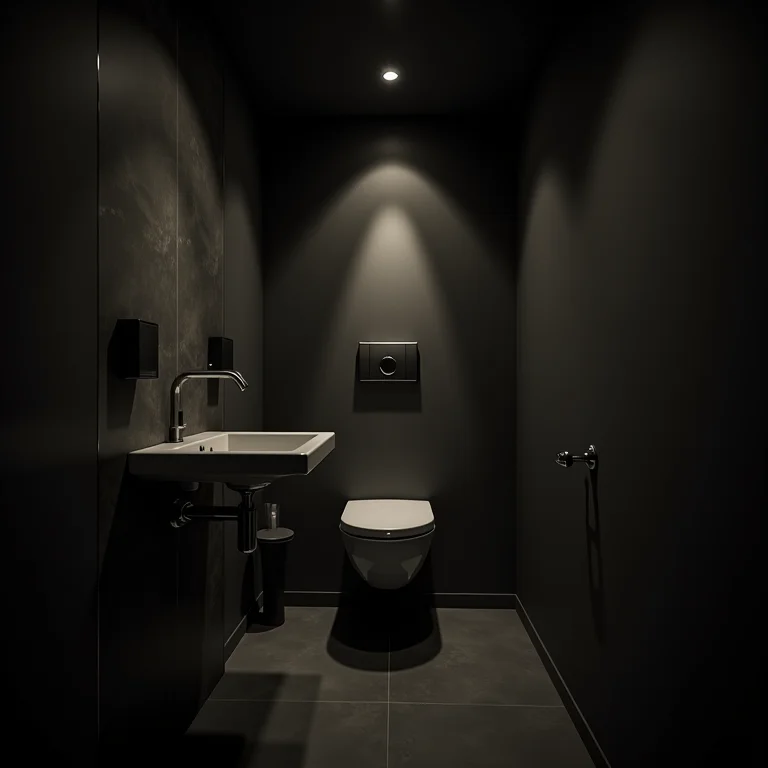 Banheiro mal iluminado com sombras e iluminação inadequada, ressaltando a importância da iluminação correta.