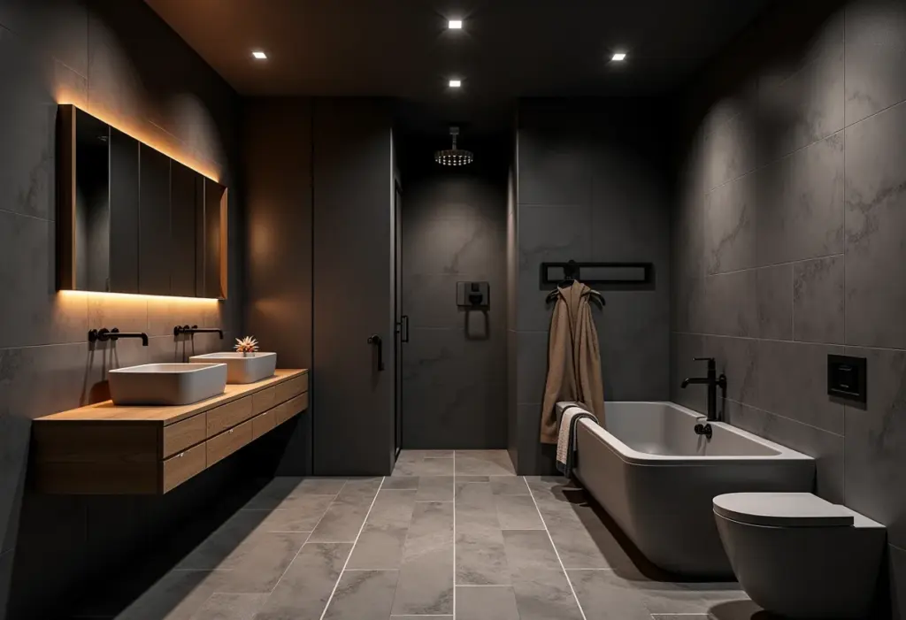 Banheiro masculino moderno com revestimentos escuros e iluminação elegante