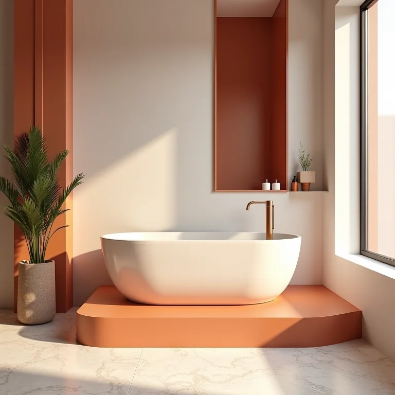 Banheiro minimalista com detalhes em terracota