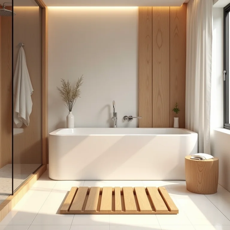 Banheiro minimalista com tapete de madeira