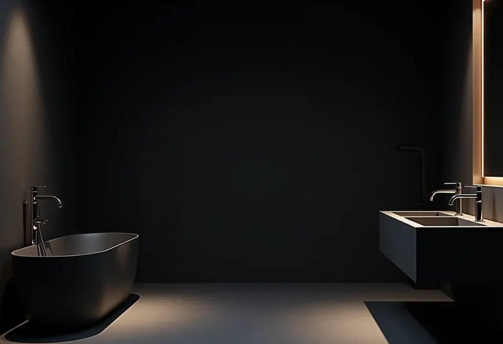 Banheiro minimalista preto: O luxo sombrio Banheiro minimalista preto com iluminação suave e acessórios elegantes.