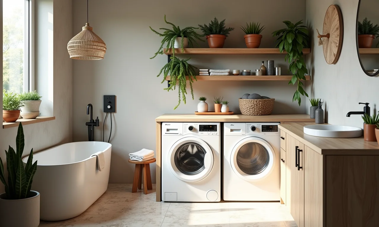 Banheiro moderno com área de serviço integrada, decoração Farm Rio e luz natural.