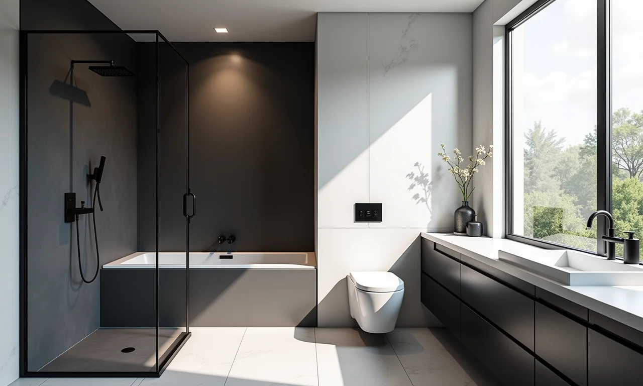Banheiro moderno com azulejos pretos e brancos, design minimalista.