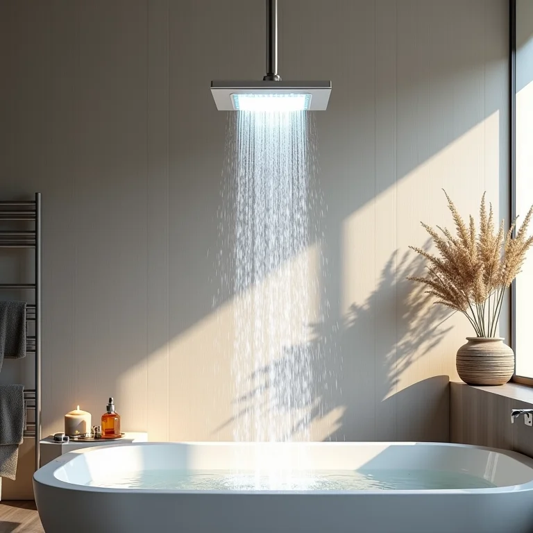 Banheiro moderno com chuveiro LED de design minimalista