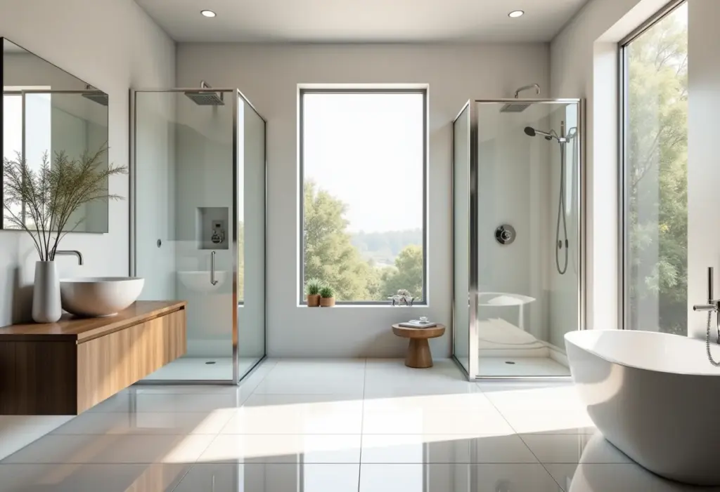 Banheiro moderno com diferentes modelos de box