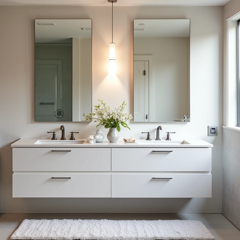 Banheiro moderno com duas cubas, design clean, valorizando o imóvel.