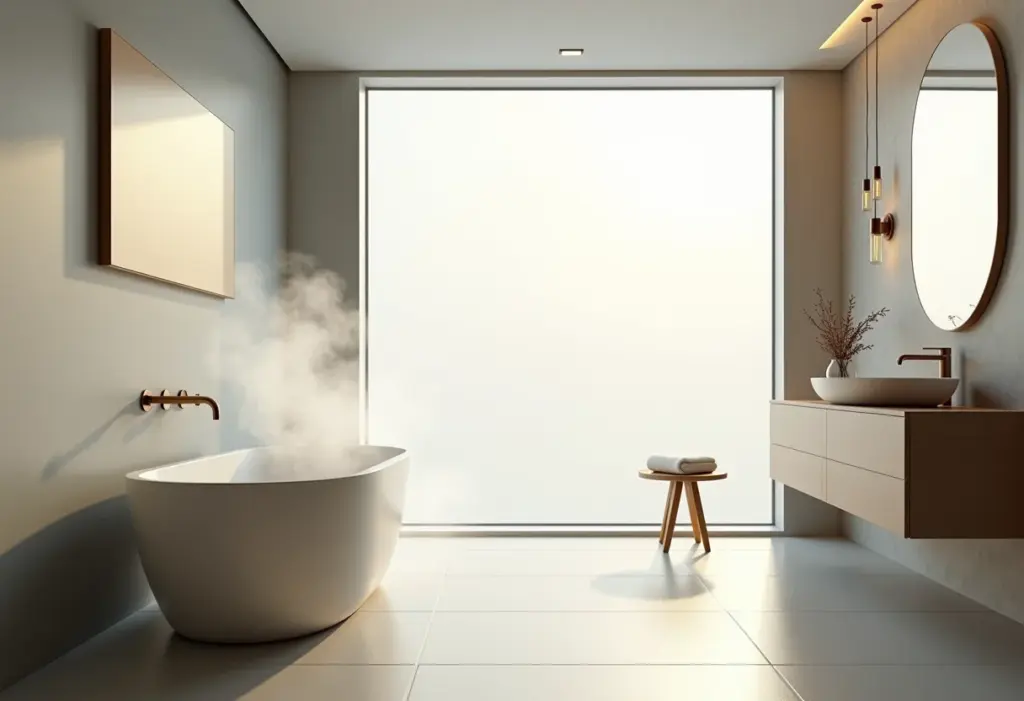 Banheiro moderno com luz natural e leve vapor, representando a umidade controlada