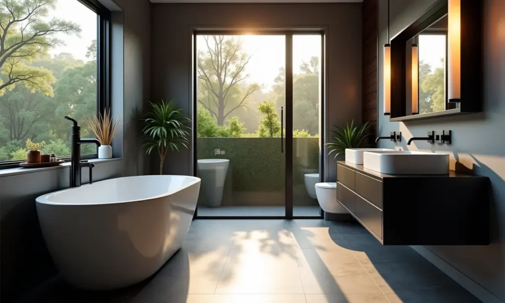 Banheiro moderno com metais pretos e iluminação natural