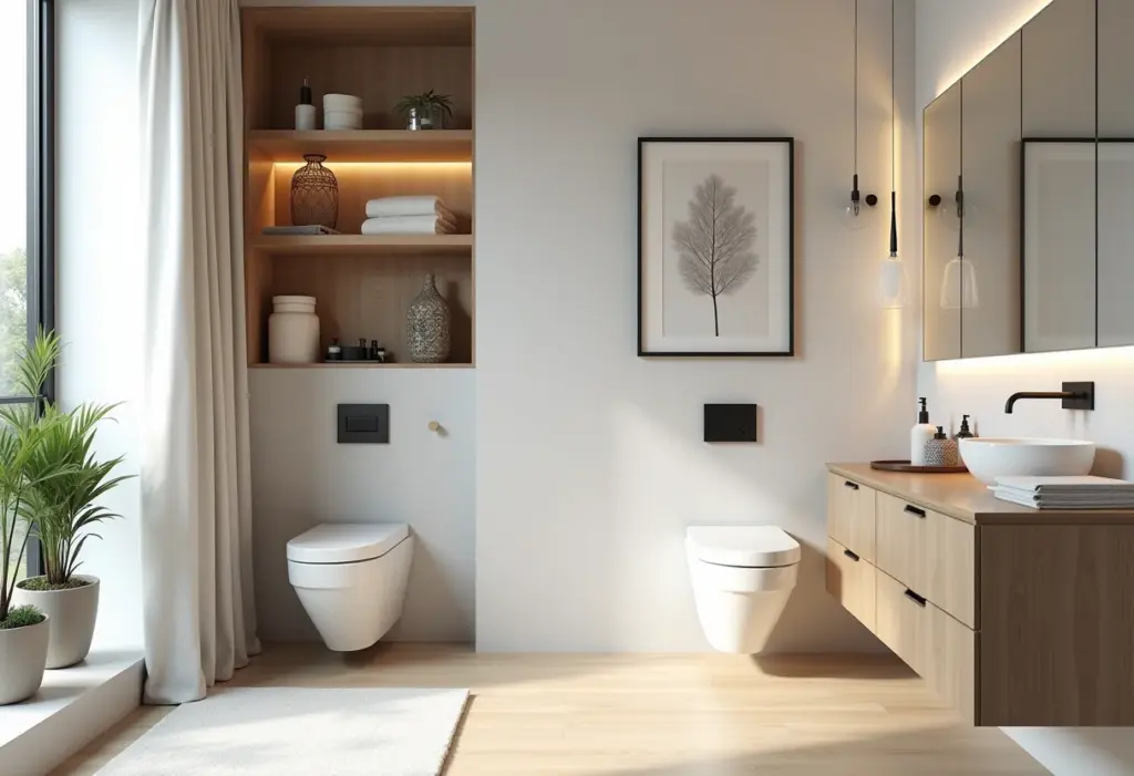 Banheiro moderno com nicho acima do vaso sanitário otimizado para organização e decoração.