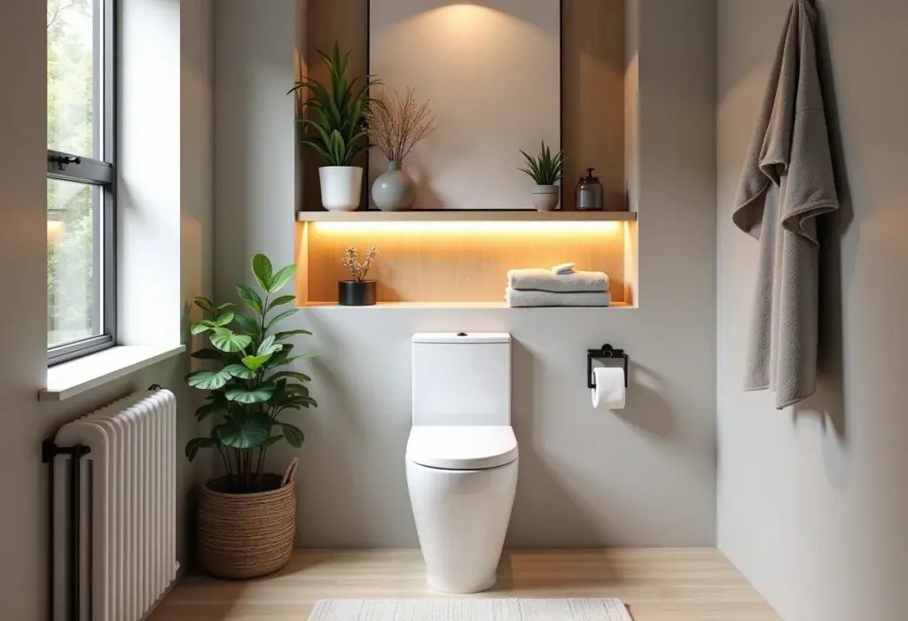 Banheiro moderno com nicho decorativo acima do vaso sanitário