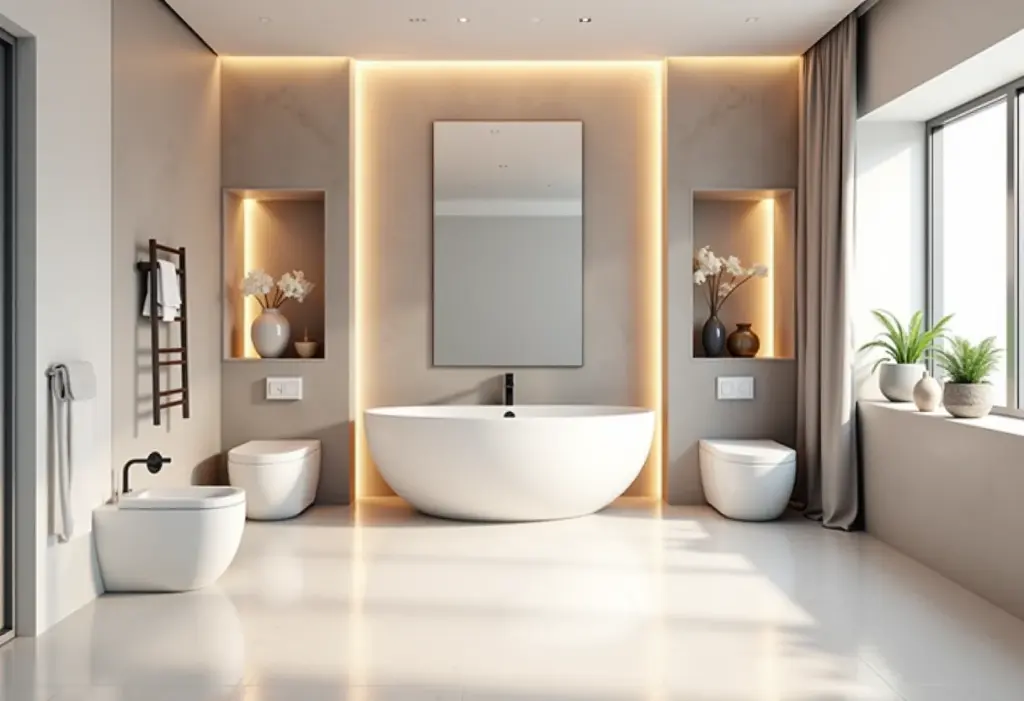 Banheiro moderno com nichos embutidos e iluminação suave