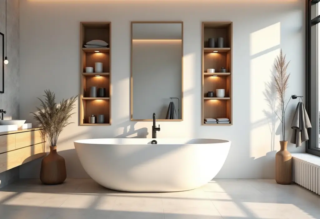 Banheiro moderno com nichos embutidos e iluminação suave