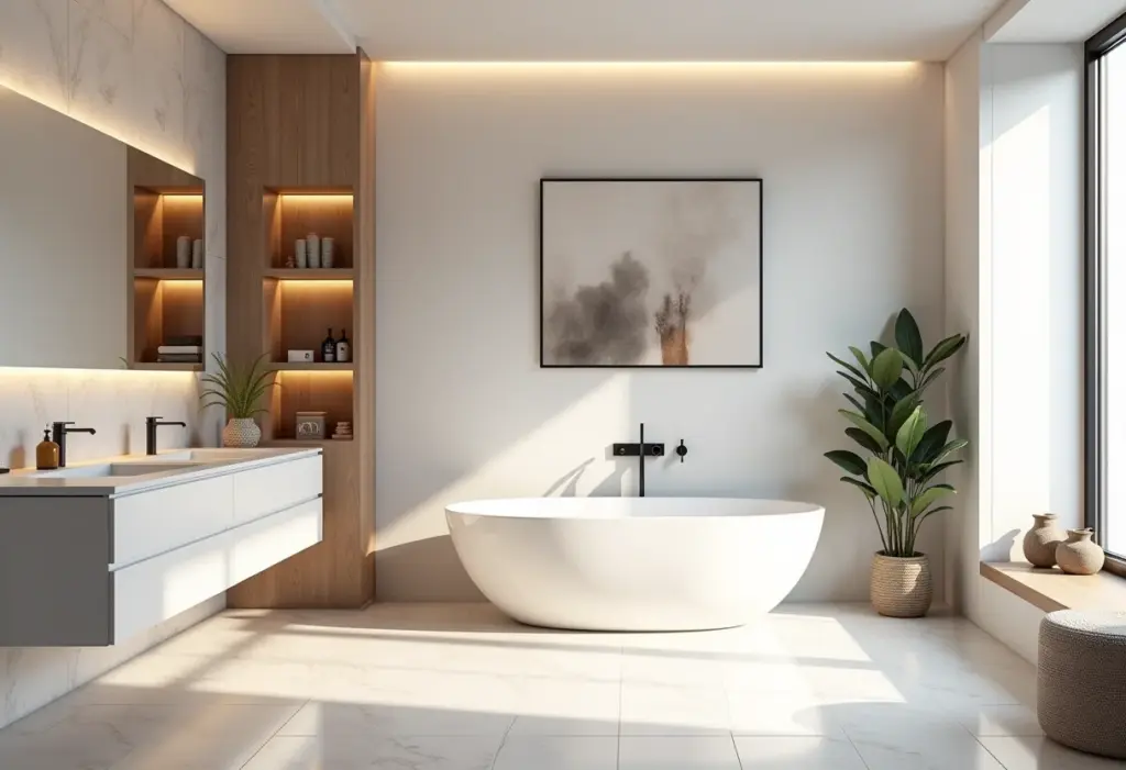 Banheiro moderno com nichos iluminados e decoração minimalista