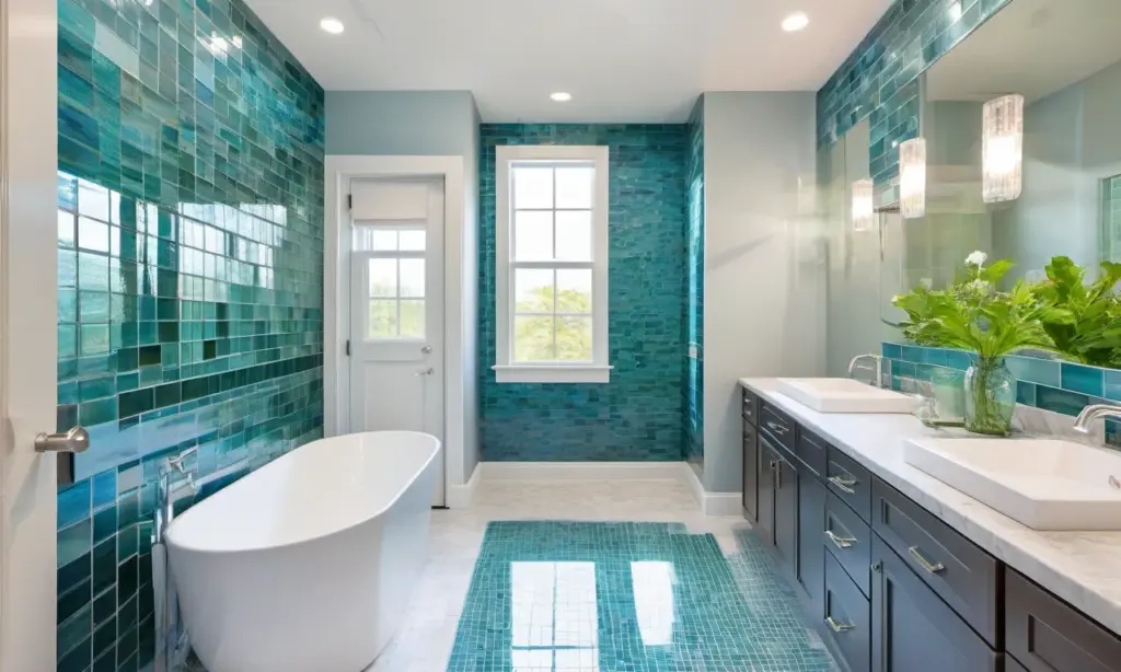 Banheiro moderno com parede de destaque em pastilhas de vidro azuis e verdes.