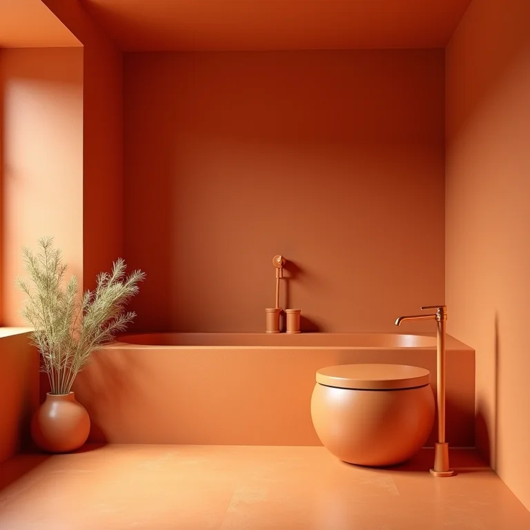 Banheiro moderno com paredes cor terracota.