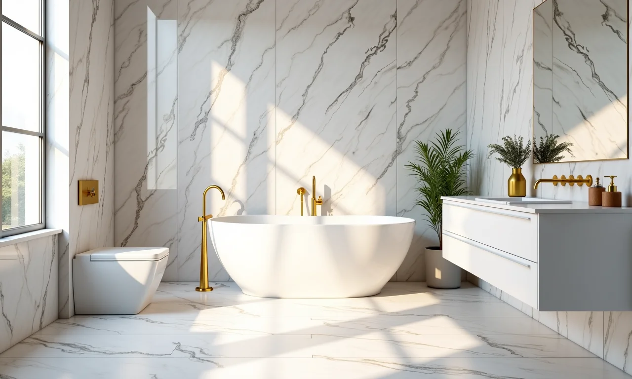 Banheiro moderno com porcelanato marmorizado nas paredes e piso.