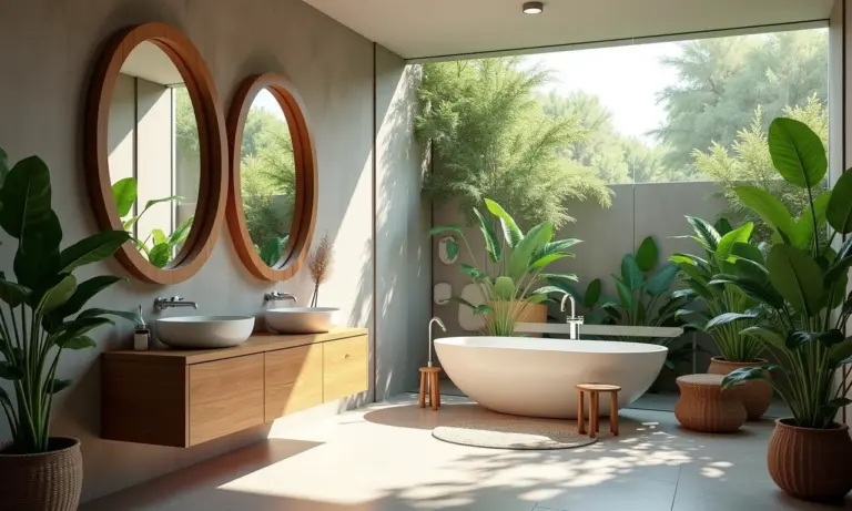 Banheiro moderno com porta de vidro transparente, muita luz natural e decoração brasileira.