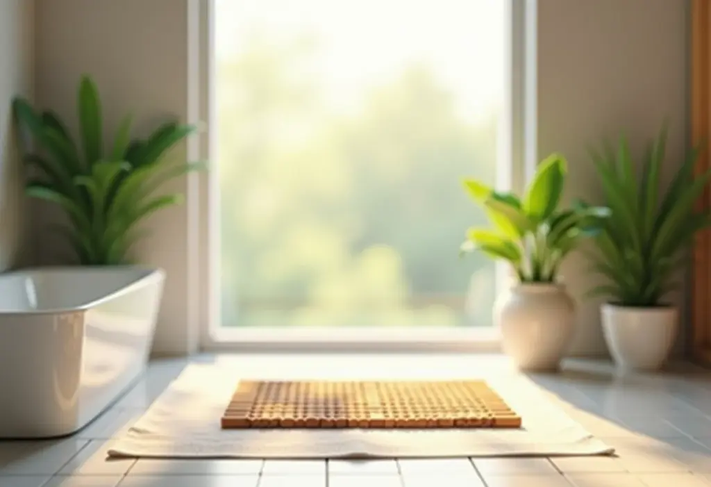 Banheiro moderno com tapete de madeira para box.