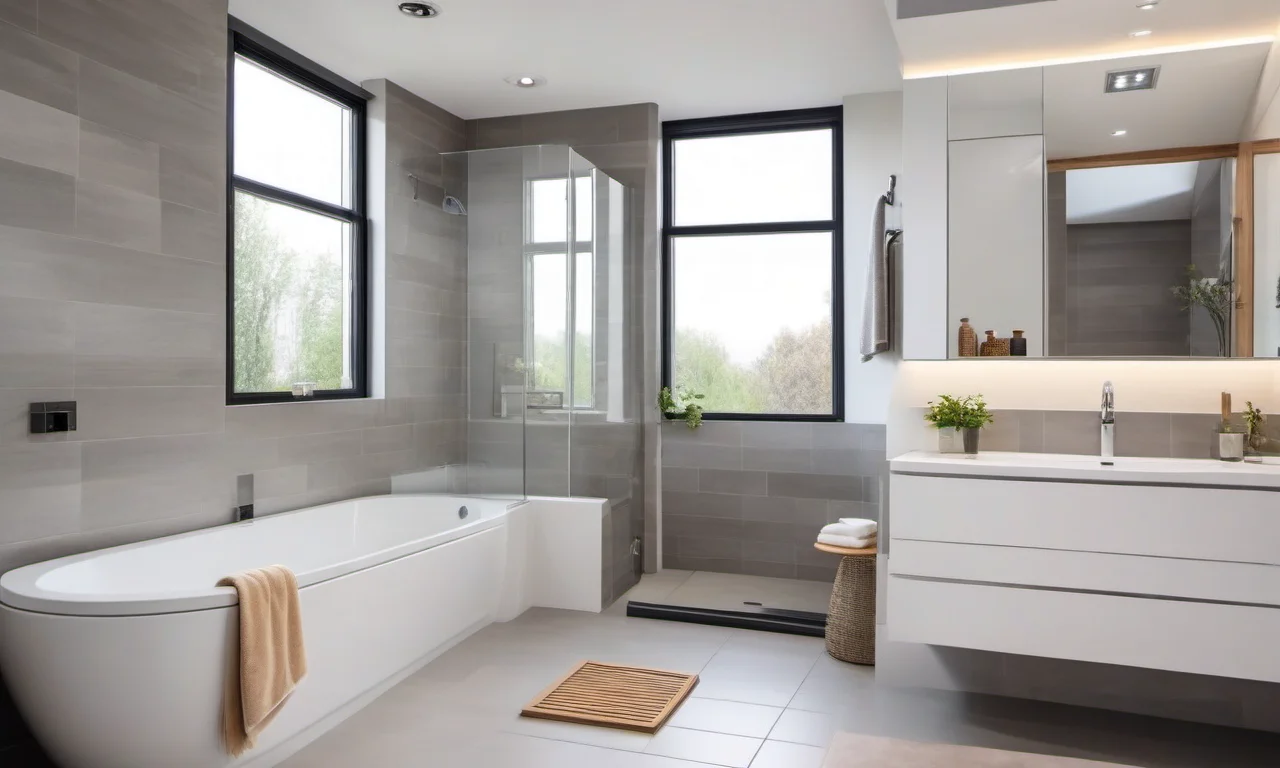 Banheiro moderno com tinta cerâmica e ventilação.