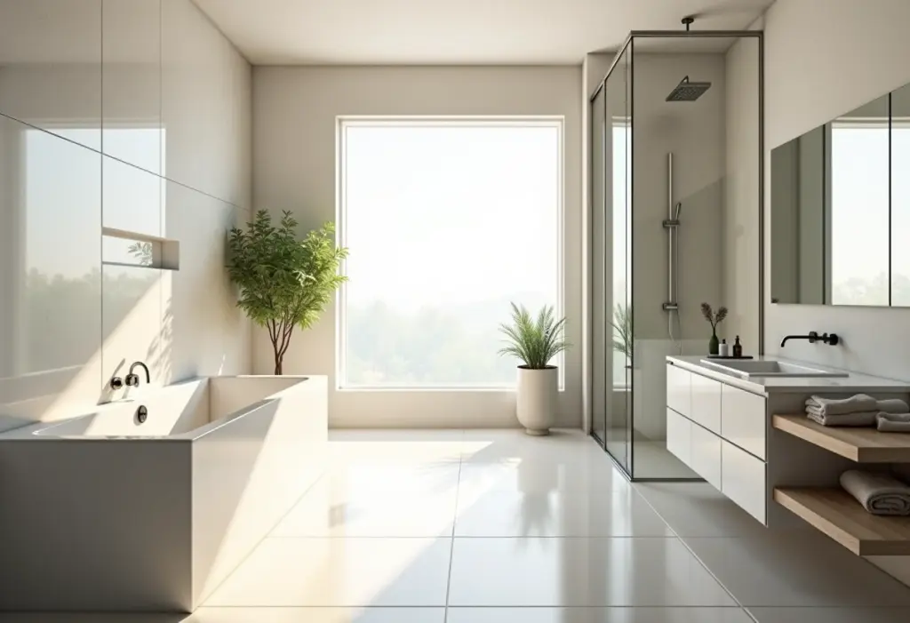 Banheiro moderno e luxuoso com box de vidro